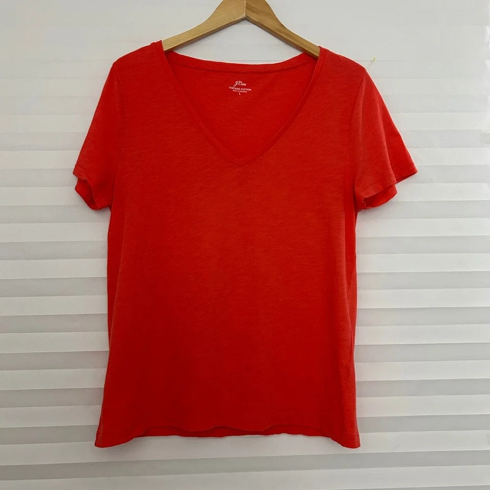 J.Crew Vintage Cotton V-Neck T-Shirt Womens Large Orange Red Short Sleeve Tee - Picture 1 of 6